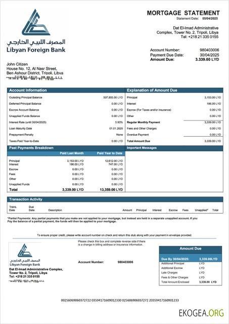Modèle Word et PDF de relevé hypothécaire de la Banque étrangère libyenne